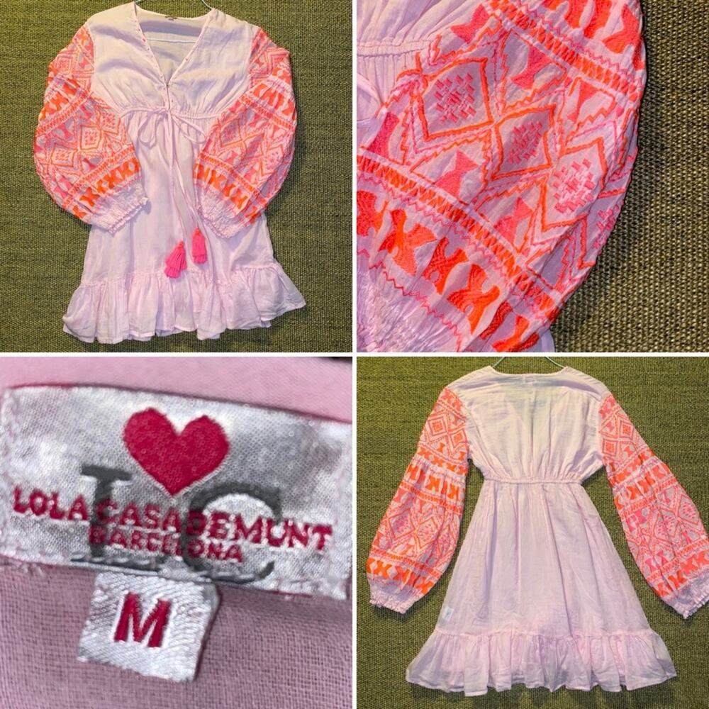 Lola Casademunt Barcelona $189 Pink Embroidered Mini Dress Resortwear MED EUC
